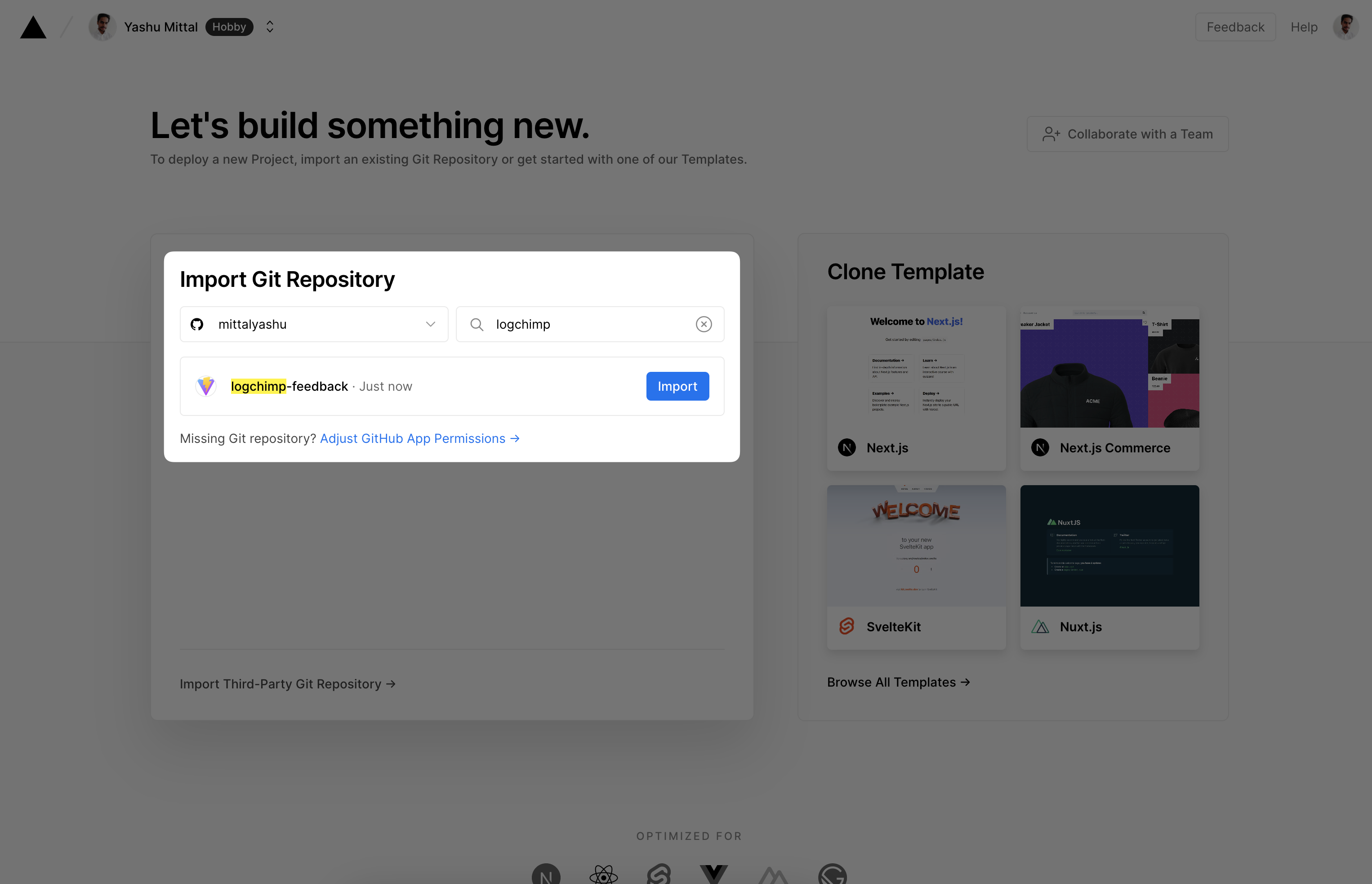 Vercel repository list page