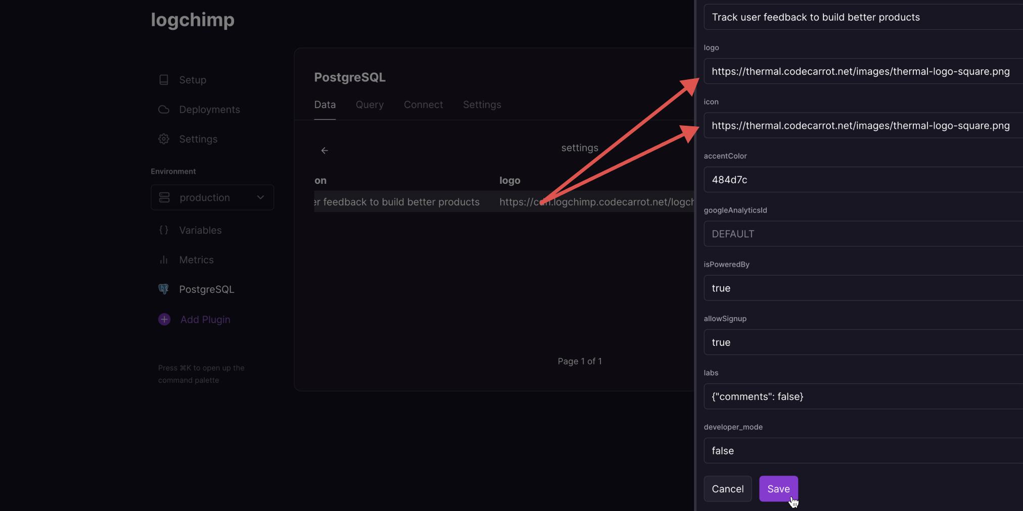 Change logo URL from settings database table