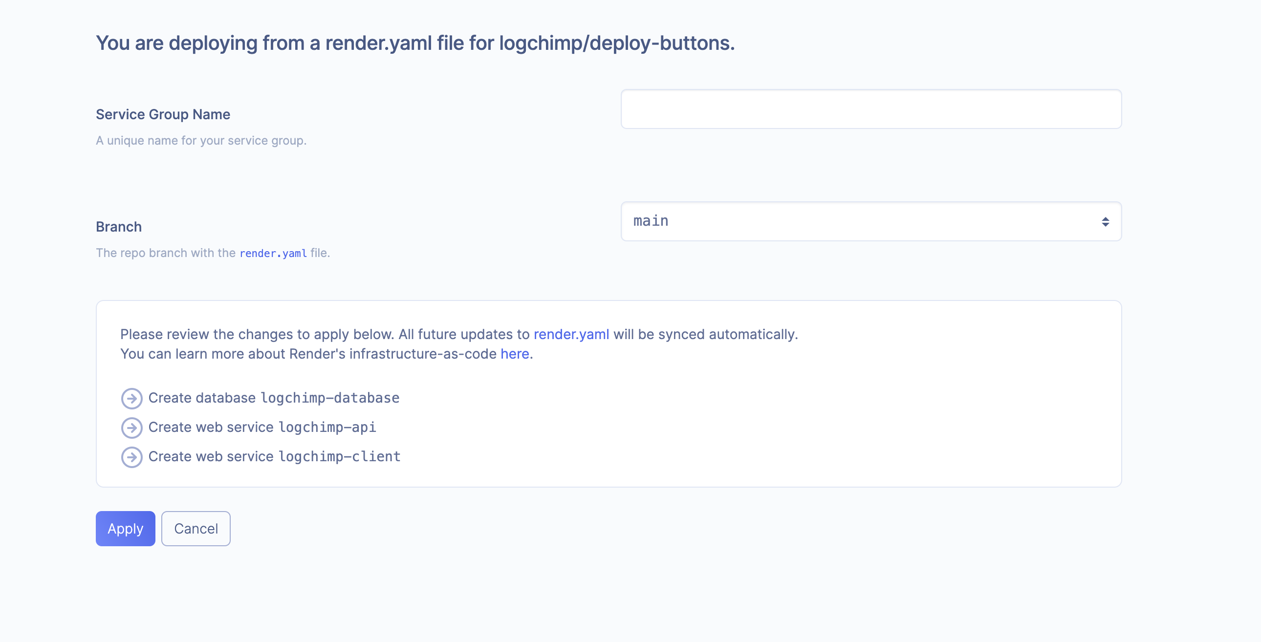 Render deploy confirmation page