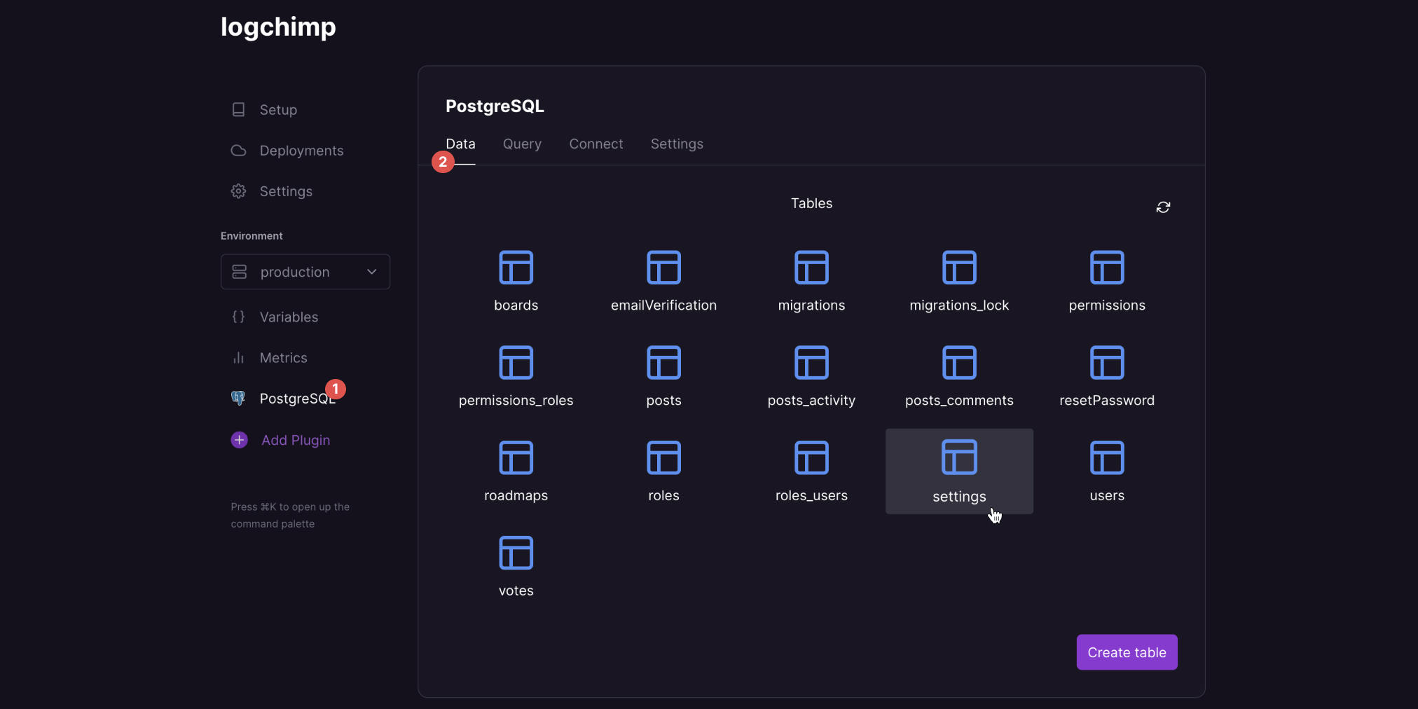 Open settings database table from Railway UI